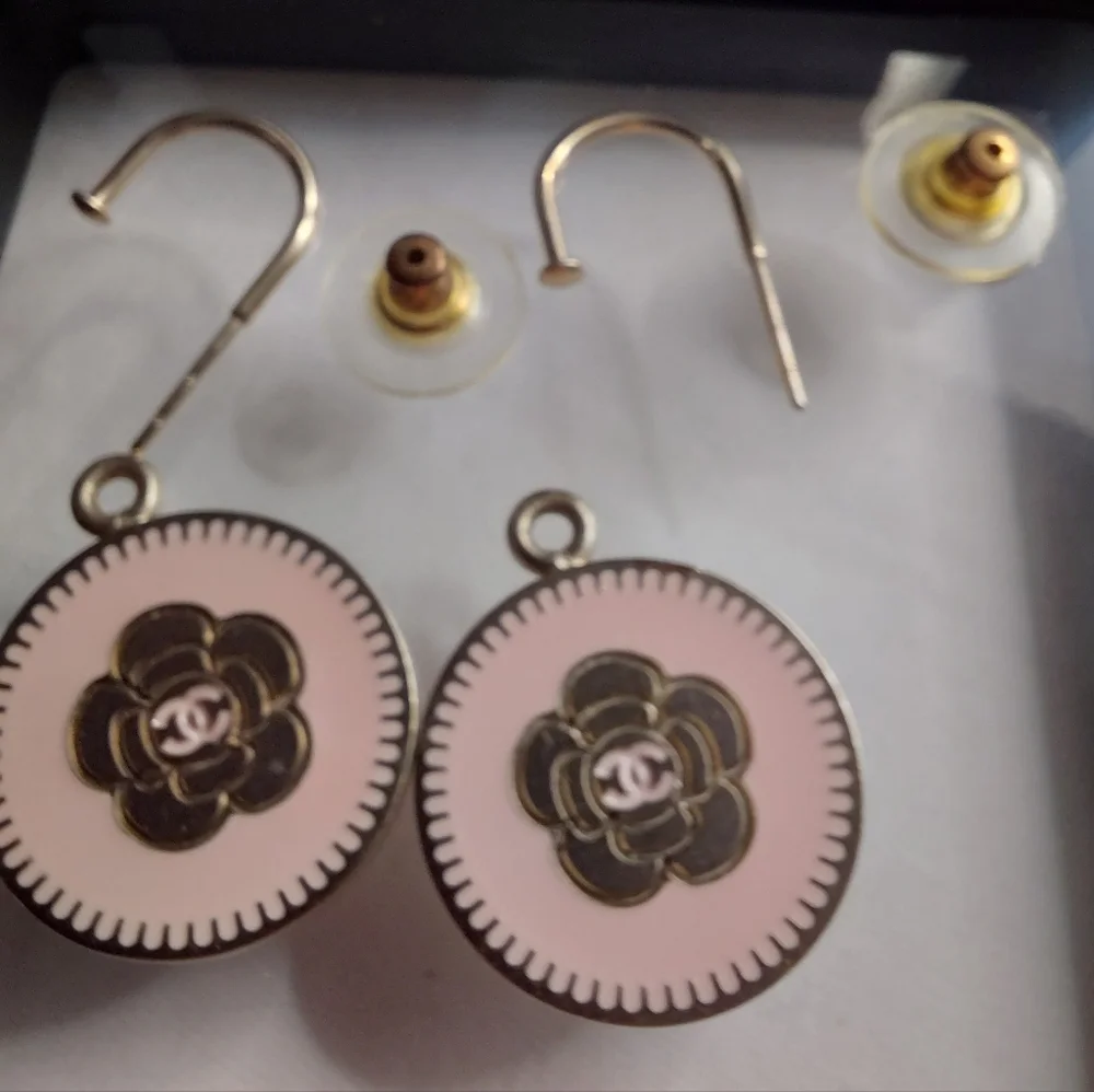 Auth CHANEL Gold & Pink CC Coco Camelia Dangle Drop Hoop Pierced Earrings EUC!